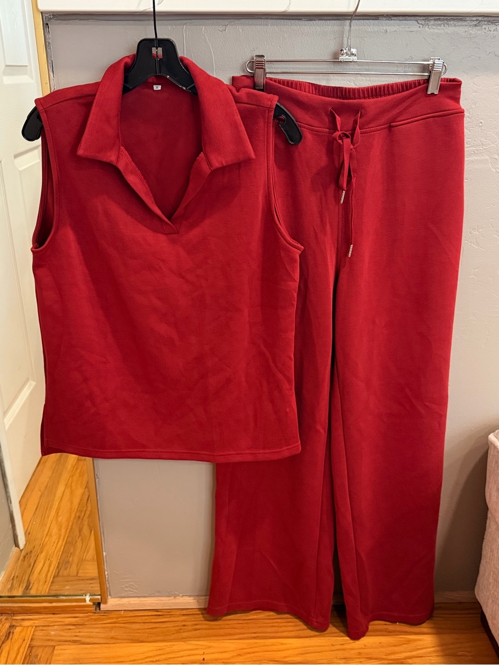 Wine Red Sleeveless Collared Top & Drawstring Lounge Pants Set #475
